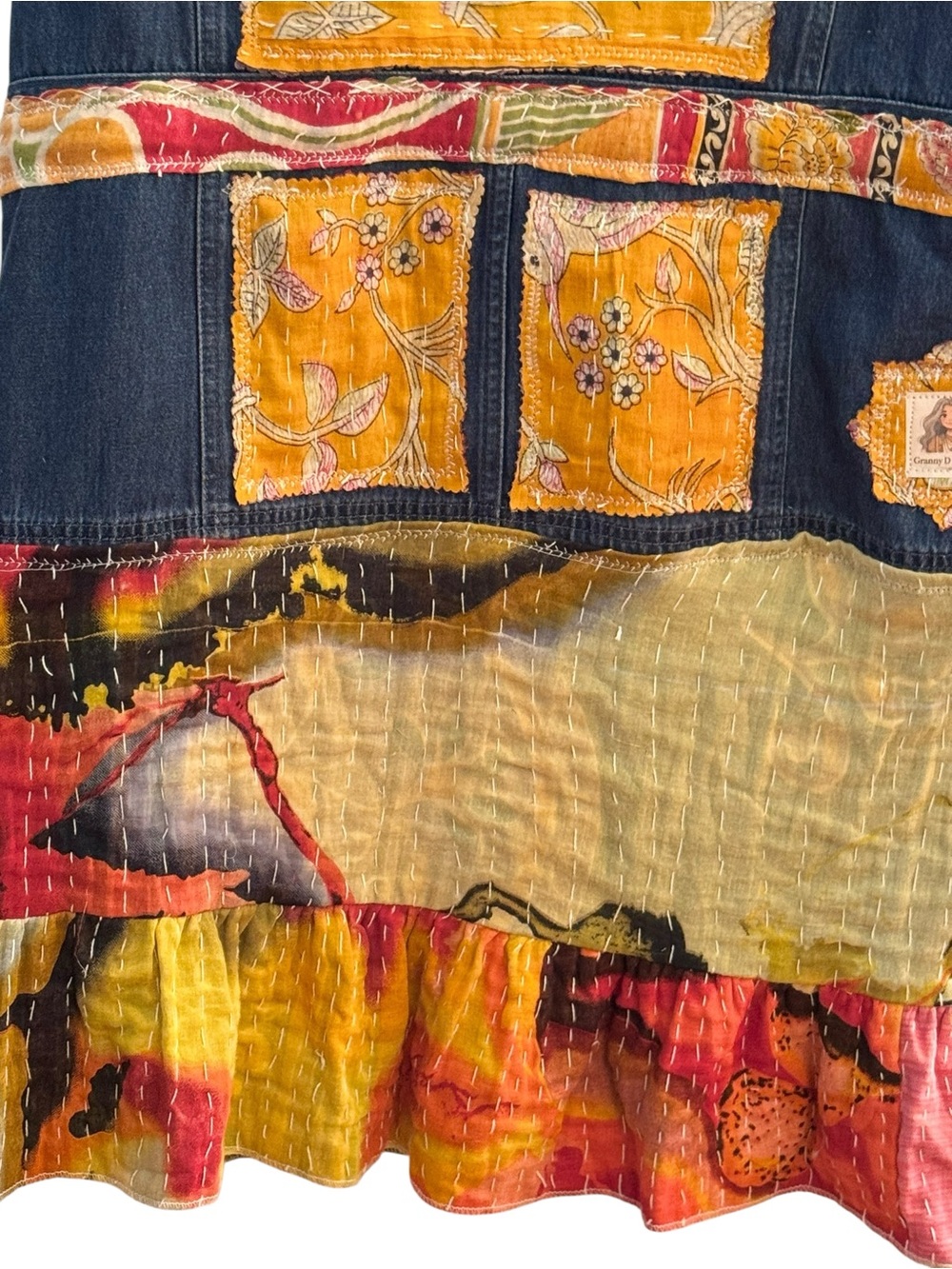 Upcycled Denim Duster Vest Kantha Patchwork Boho Wearable Art Festival Jacket L - Picture 8 of 8